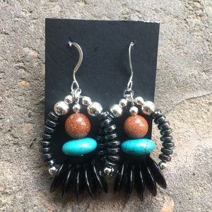 Sterling, black onyx, turquoise, goldstone earring